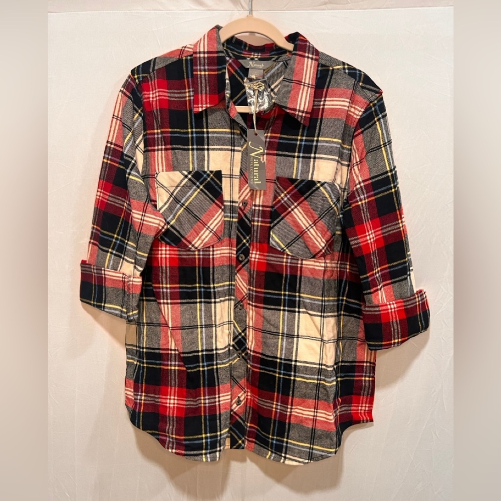 Natural Reflections Women's Plaid Button Down Shirt - Red, Black, Cream